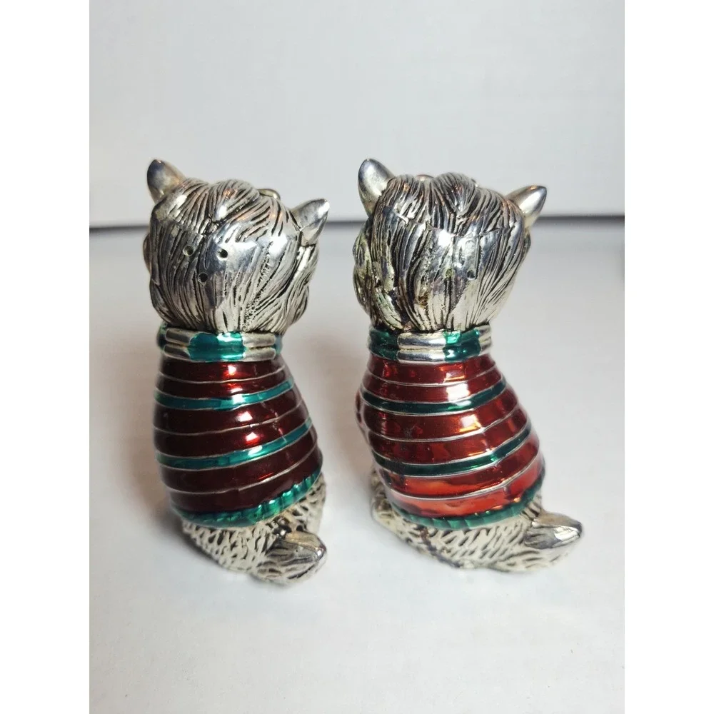 Yorkie Dogs Silver Metal Salt Pepper Shakers Green Red Enamel Sweaters Yorkshire